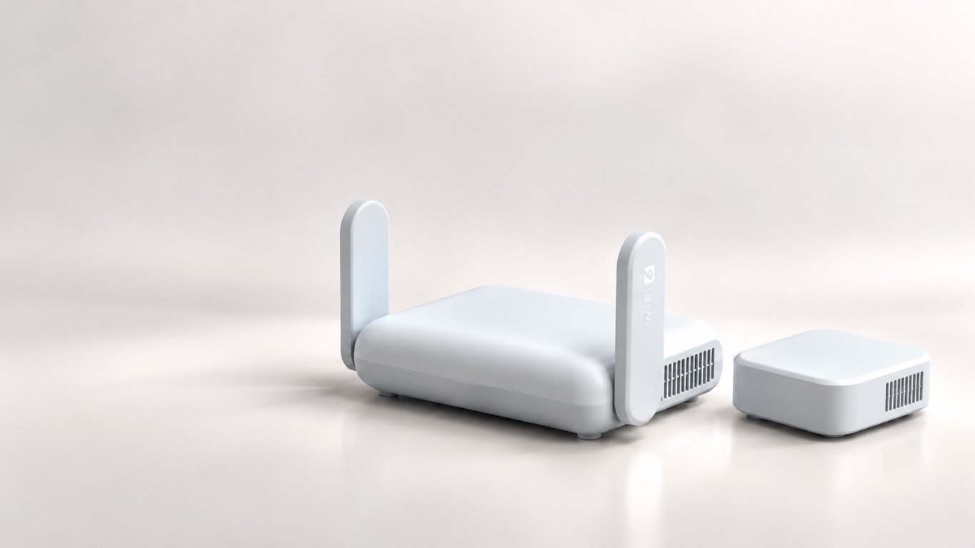 AI-generated concept illustration of two white networking devices on a light surface.