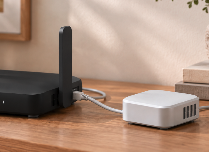 A white Home Node connected by a cable to a black home router on a wooden shelf.