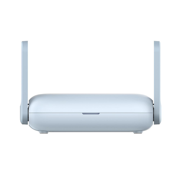 White travel router with two upright antennas.