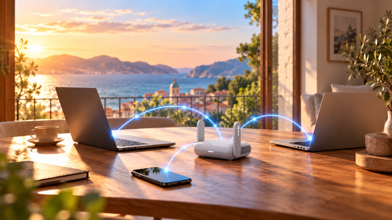 A laptop, phone and tablet connected to a Travel Wi-Fi router.